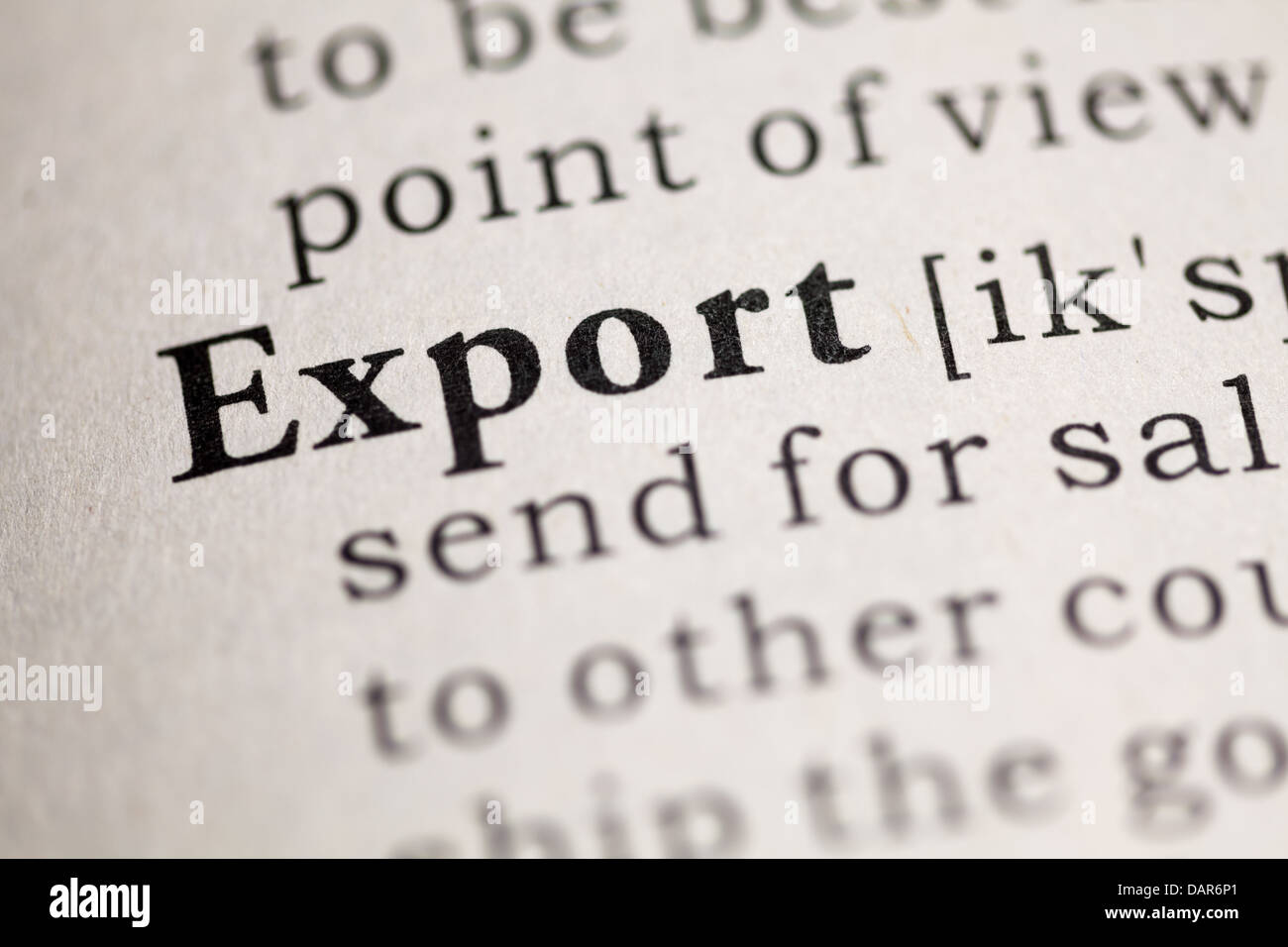 Fake Dictionary, Dictionary definition of the word Export. Stock Photo