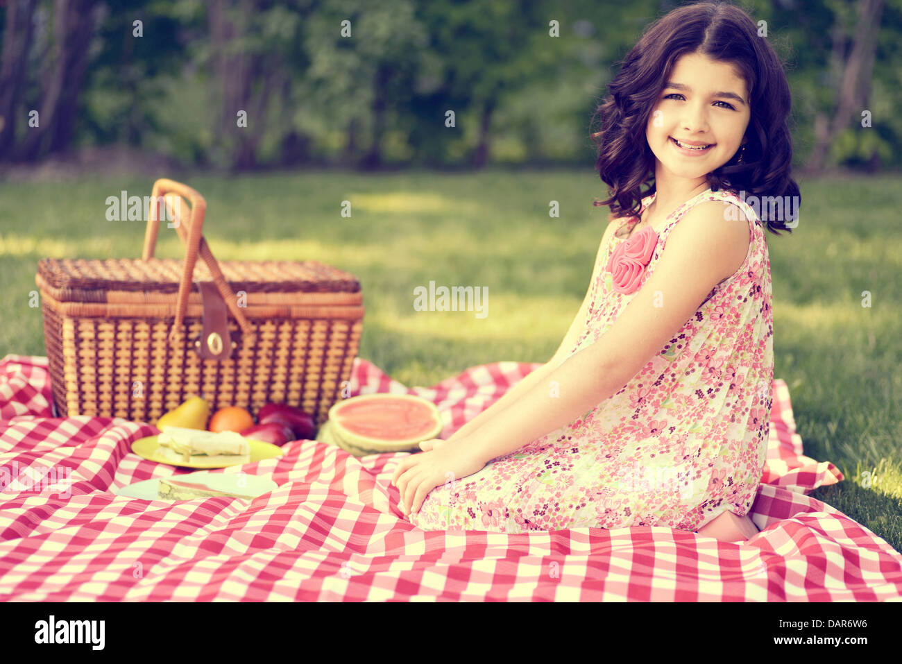 vintage little girl having a picnic Stock Photo Alamy