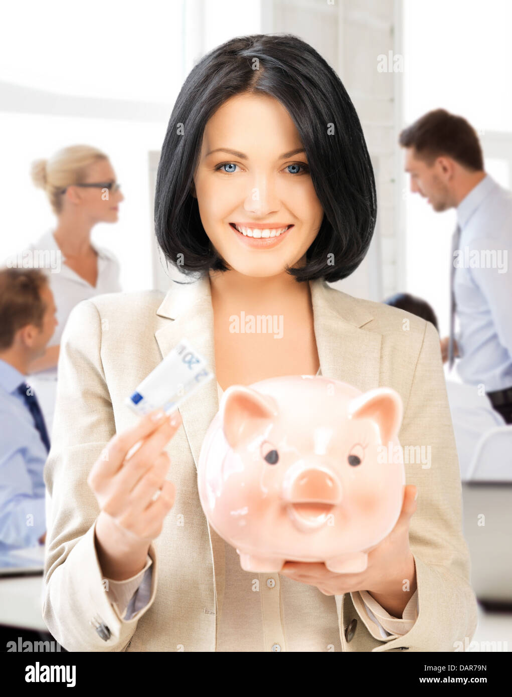 woman with piggy bank and cash money Stock Photo - Alamy