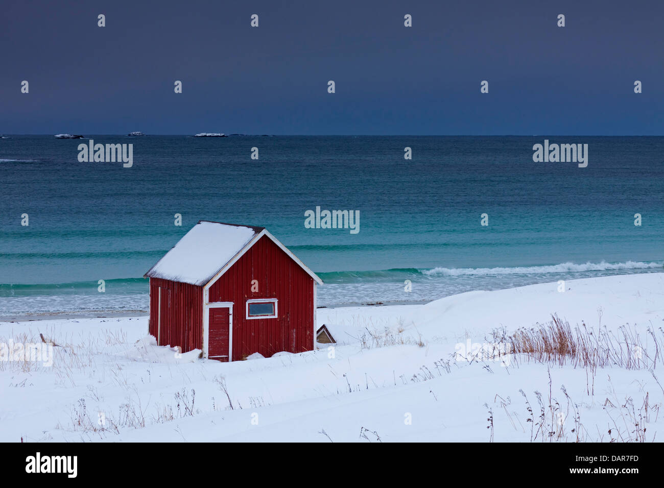 Red isolated wooden rorbuer cabin along the coast in the snow in winter, Lofoten Islands, Nordland, Norway, Scandinavia Stock Photo