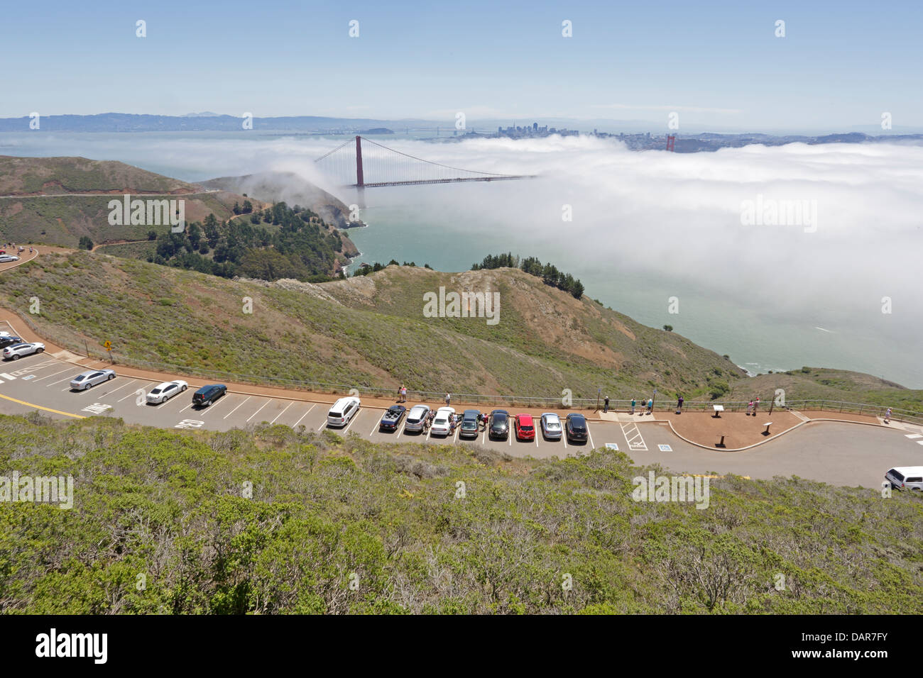 View from Hawk Hill with Golden Gate Bridge in fog Stock Photo