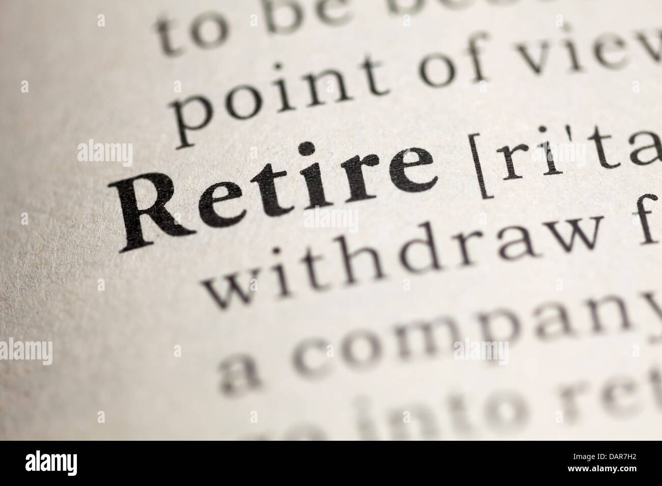 Fake Dictionary, Dictionary definition of the word Retire. Stock Photo
