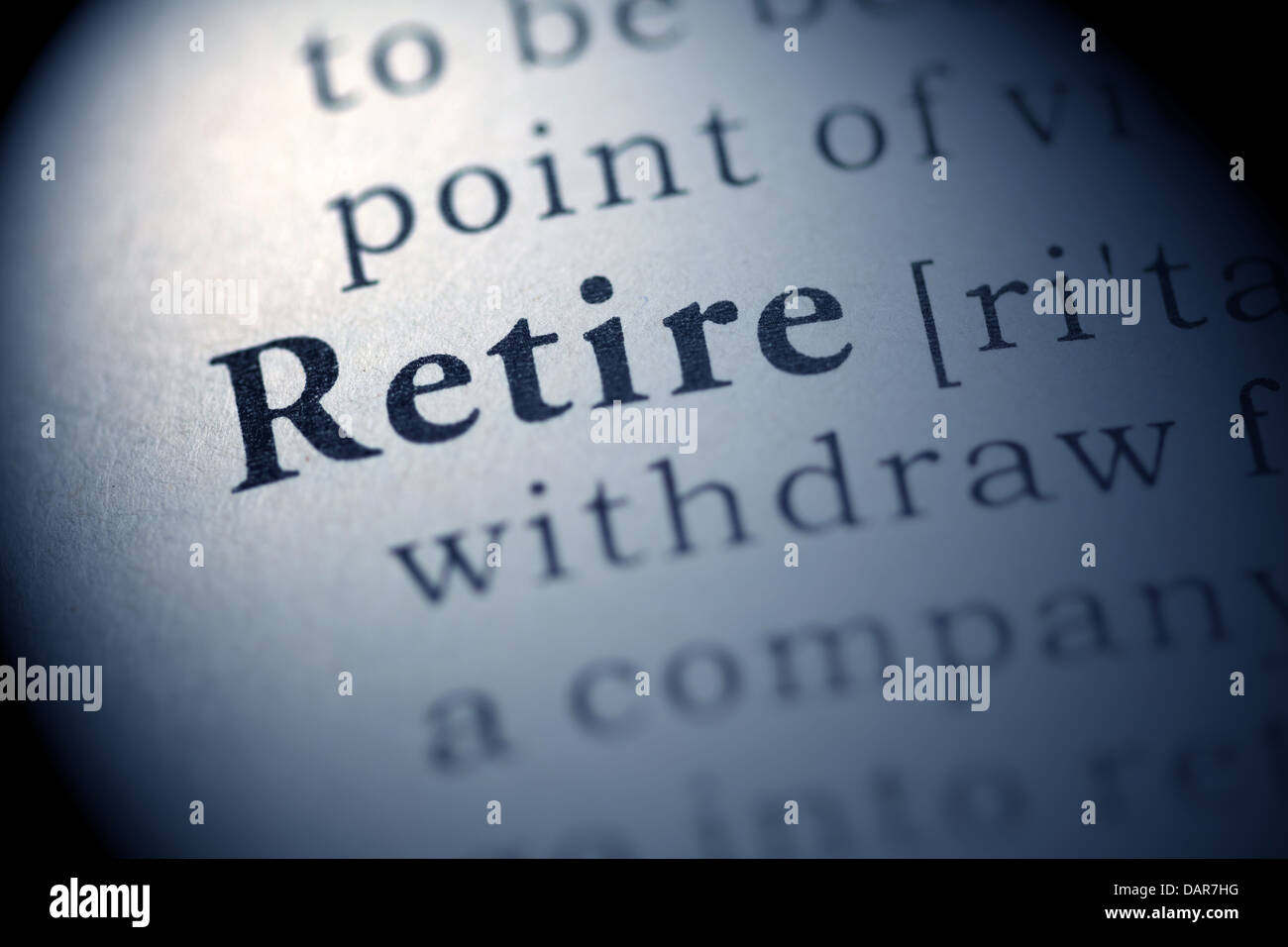 Fake Dictionary, Dictionary definition of the word Retire. Stock Photo