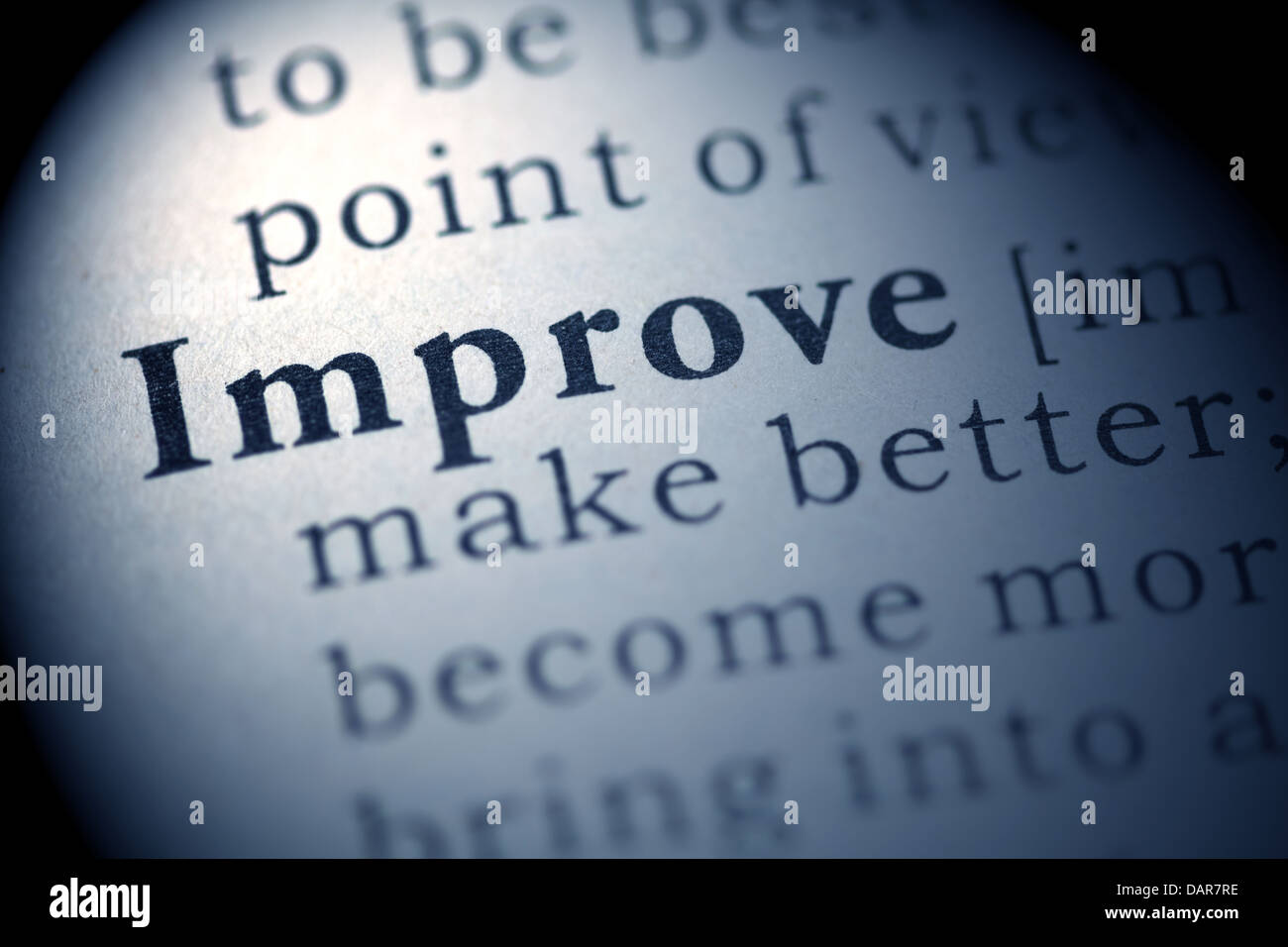 Fake Dictionary, Dictionary definition of the word Improve. Stock Photo