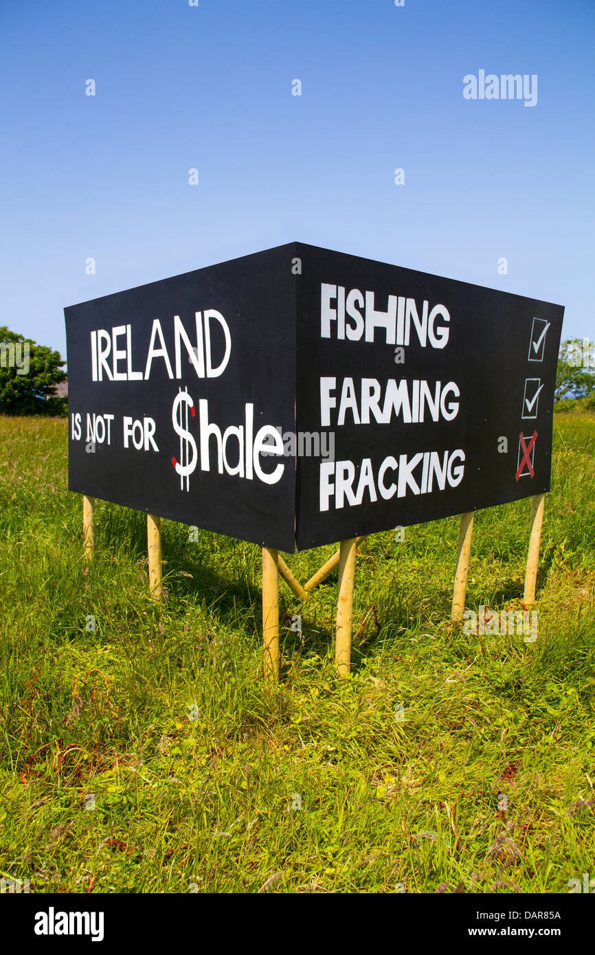 Ireland is not for Shale - Fishing and farming approved but no fracking sign in green field in Ireland Stock Photo