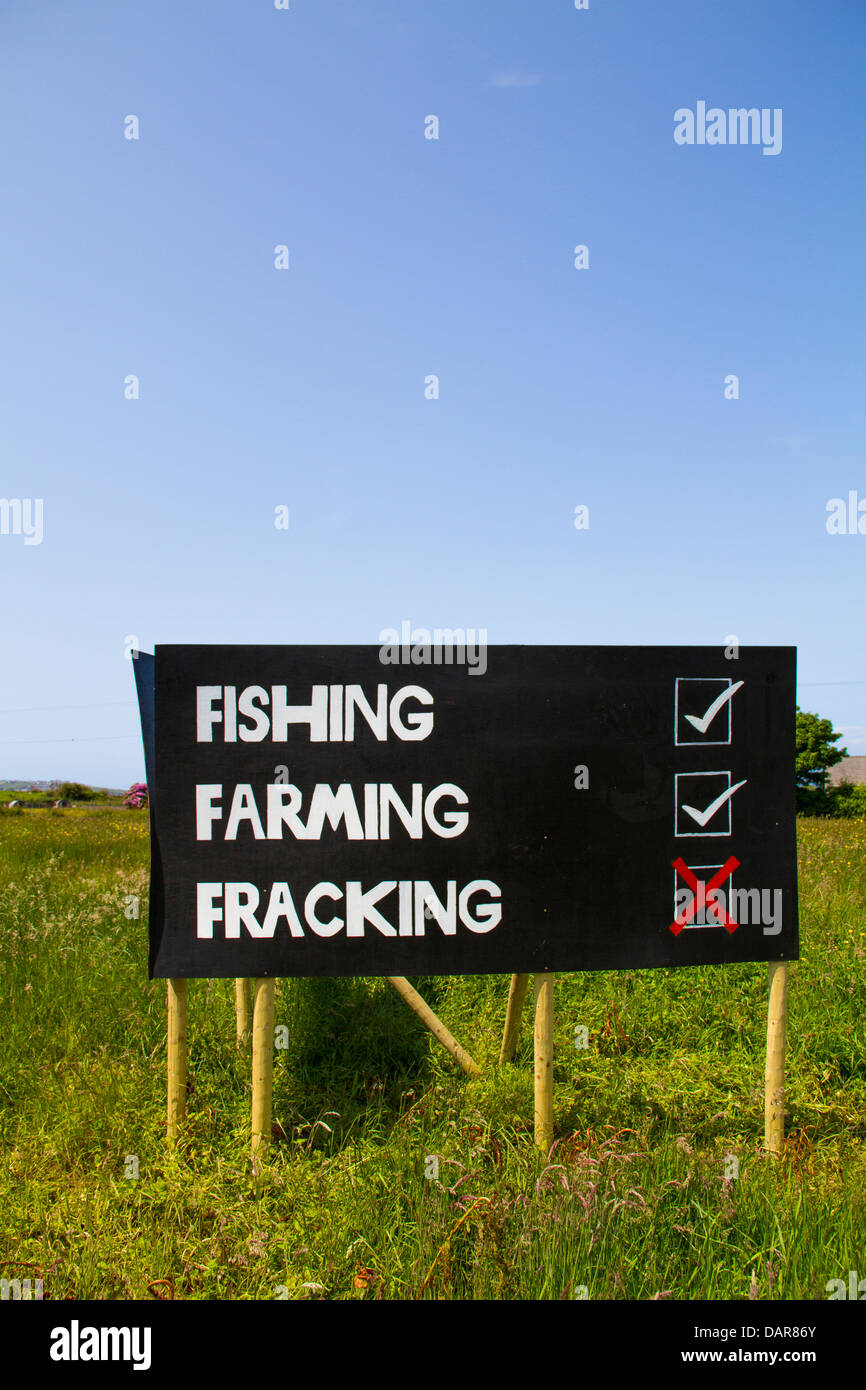 Fishing and farming but no fracking sign in green field in Ireland Stock Photo