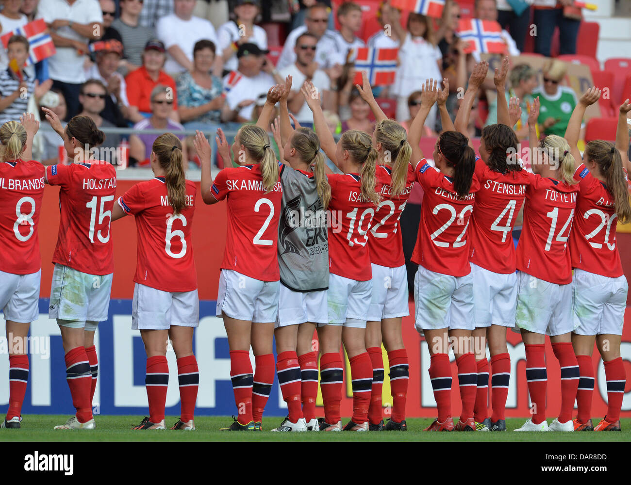 The team of Norway celebrates after defeating Germany 1-0 in the UEFA ...