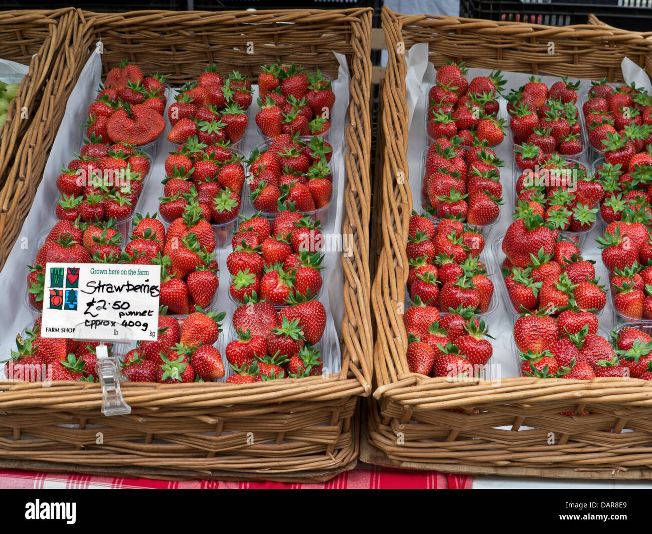 strawberries in British Farm Fresh on outdoor farm market stall