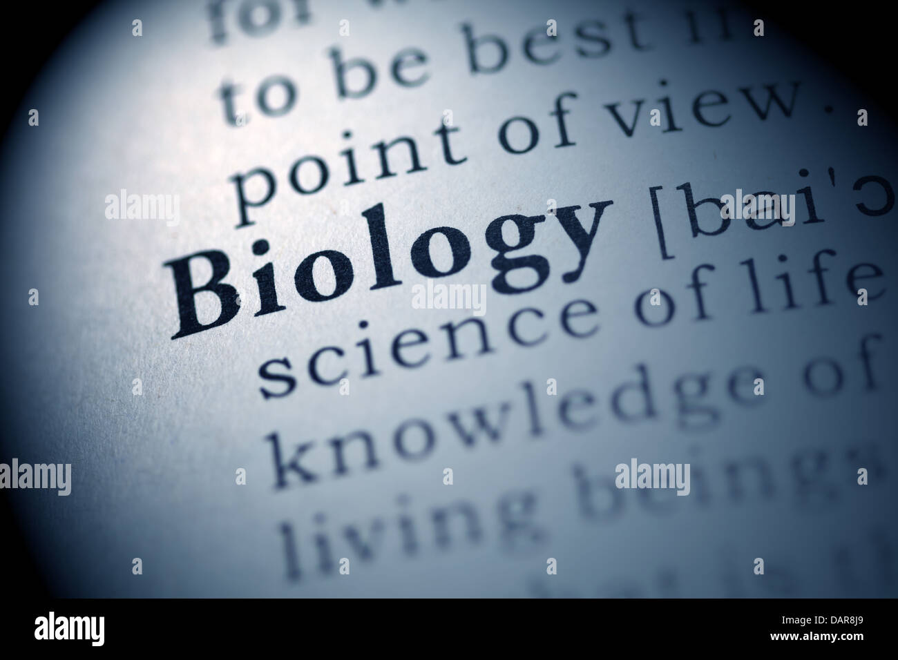 Fake Dictionary, Dictionary definition of the word Biology. Stock Photo
