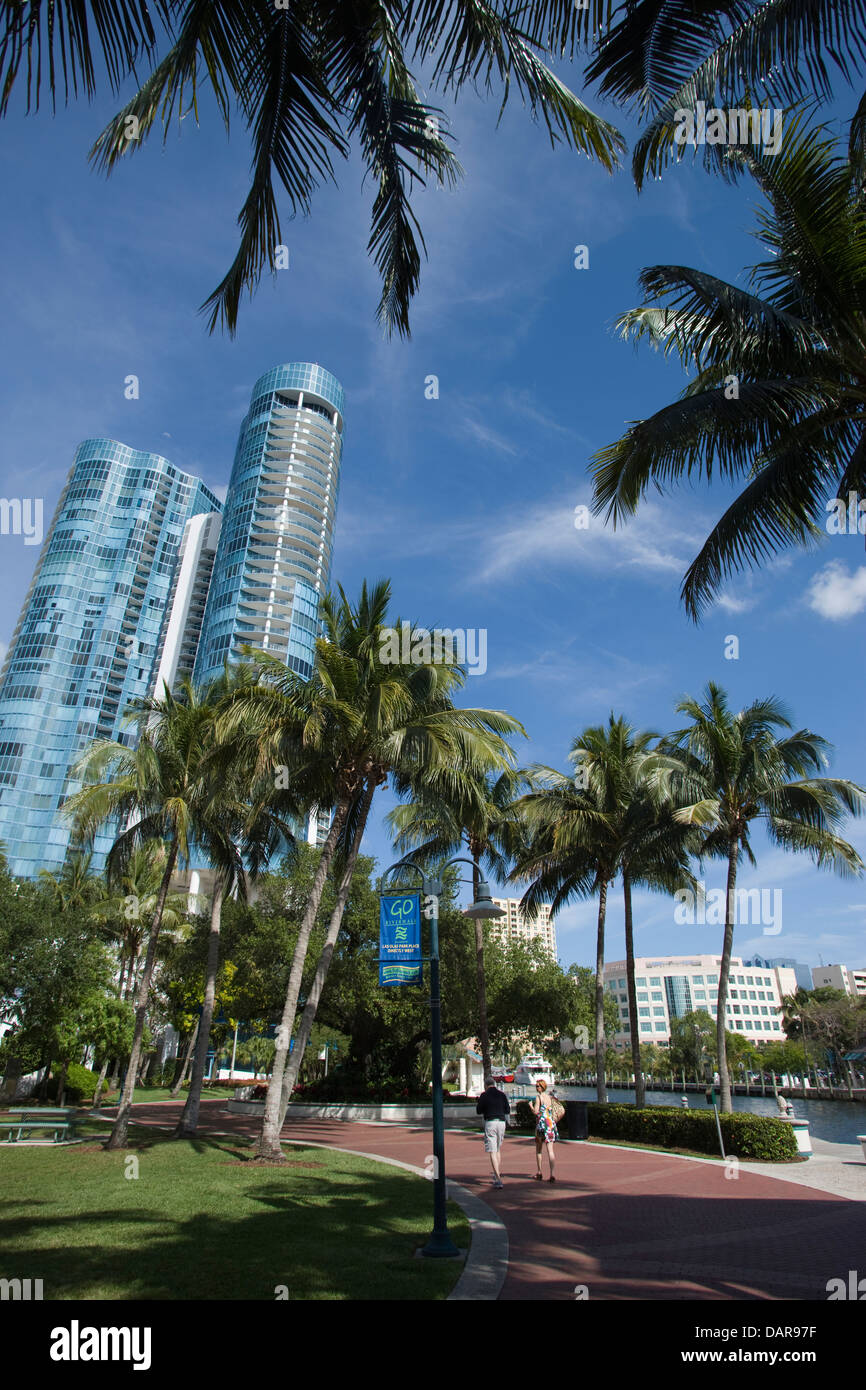 TALL BUILDINGS LAS OLAS RIVERFRONT NORTH NEW RIVER DOWNTOWN FORT LAUDERDALE FLORIDA USA Stock Photo