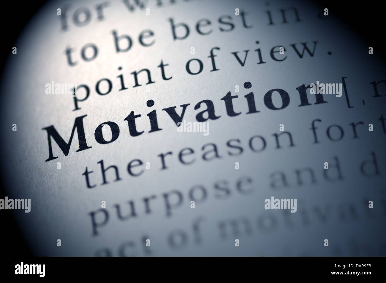 Fake Dictionary, Dictionary definition of the word Motivation. Stock Photo