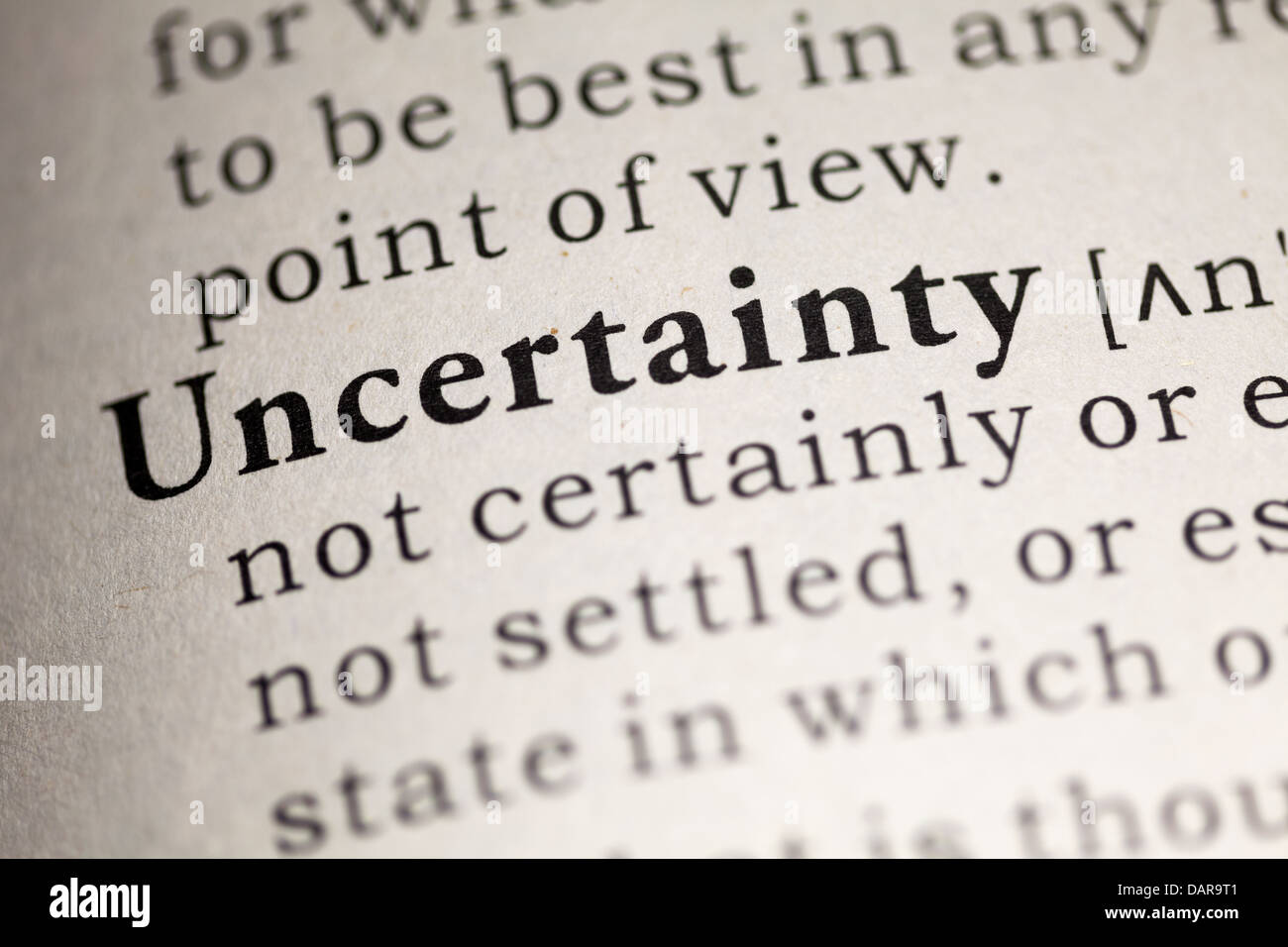 Fake Dictionary, Dictionary definition of the word Uncertainty. Stock Photo