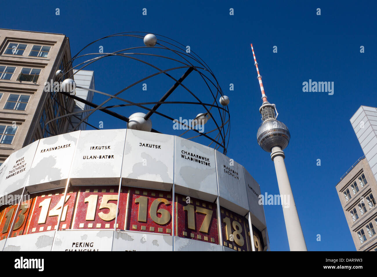 Fernsehturm TV Tower and Welt Uhr World Clock Alexanderplatz Mitte Berlin Germany Stock Photo