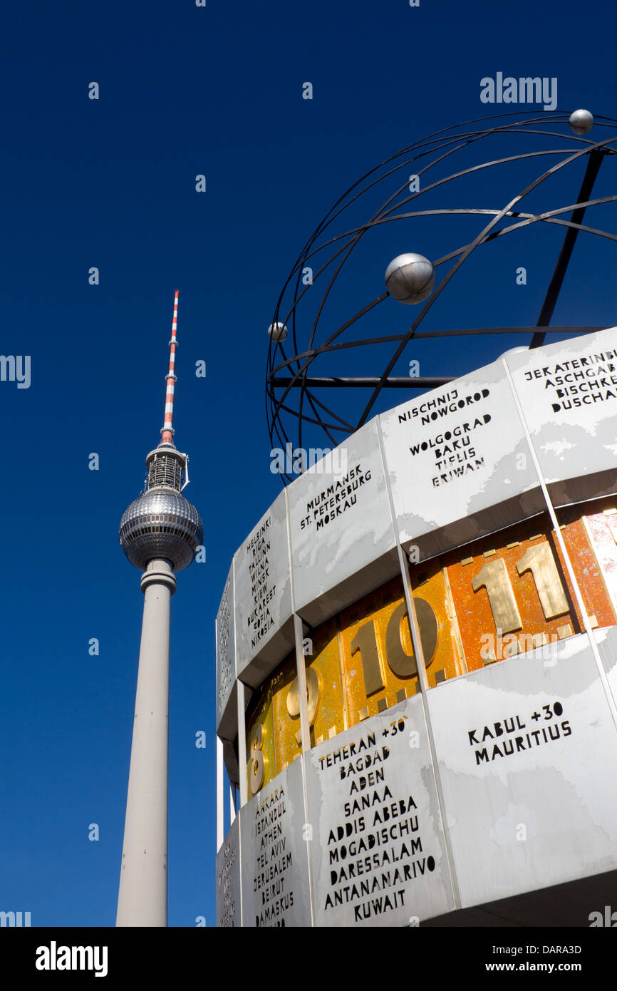Fernsehturm TV Tower and part of Welt Uhr World Clock Alexanderplatz Mitte Berlin Germany Stock Photo