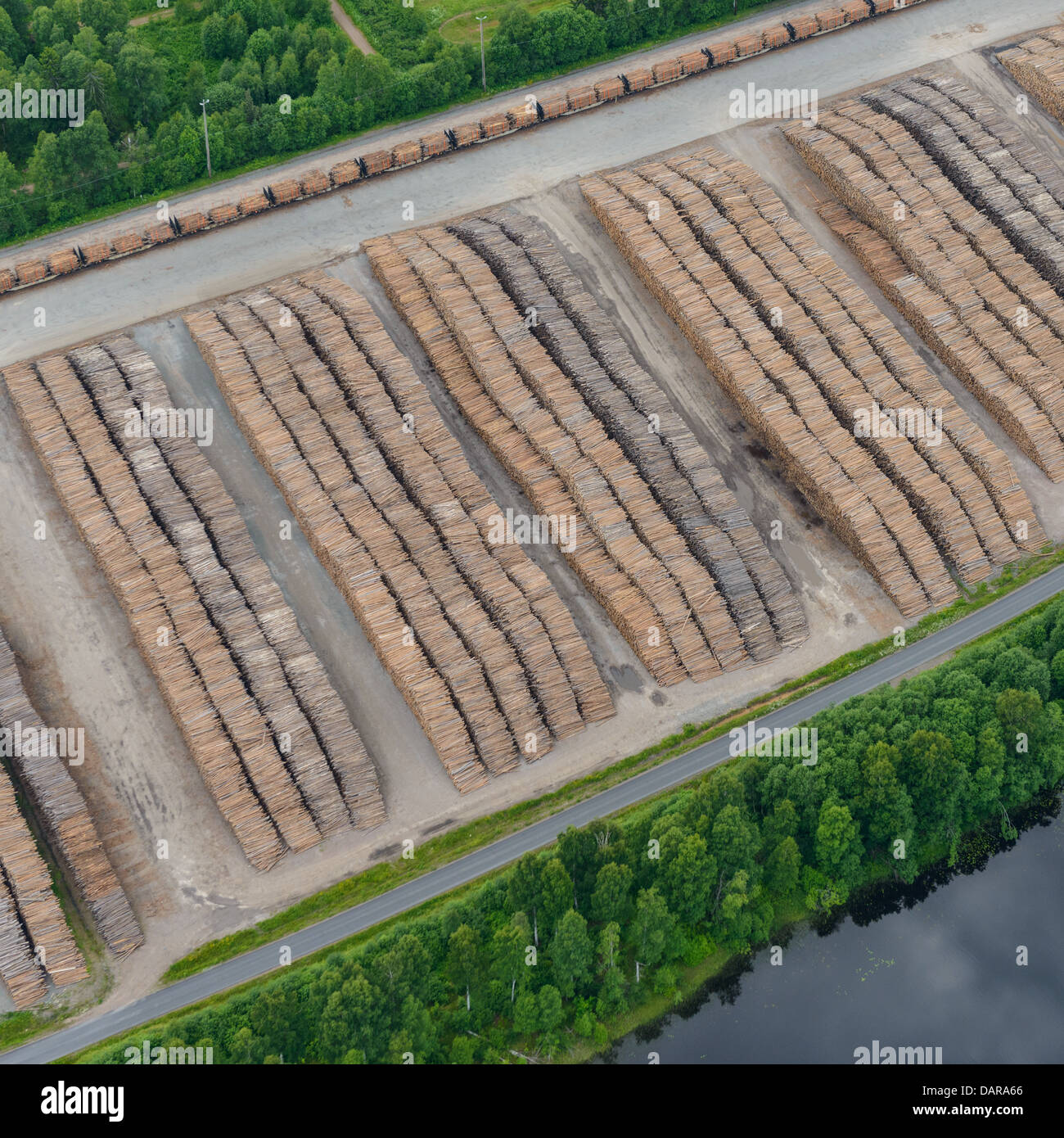 Piles of timber, aerial view, Vansbro, Dalarna, Sweden Stock Photo