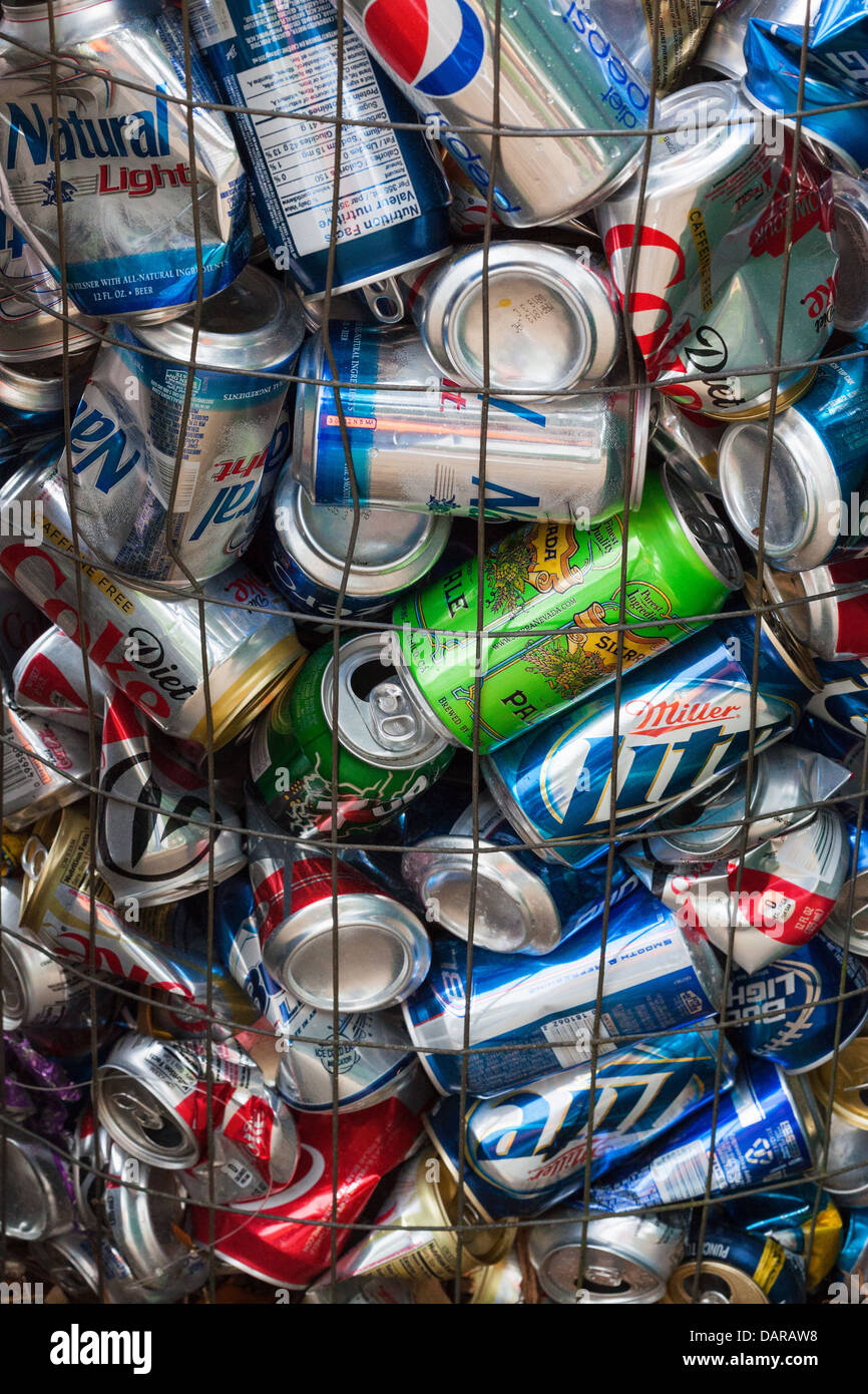 Beer and soft drink aluminium cans in a recycling container Stock Photo Alamy