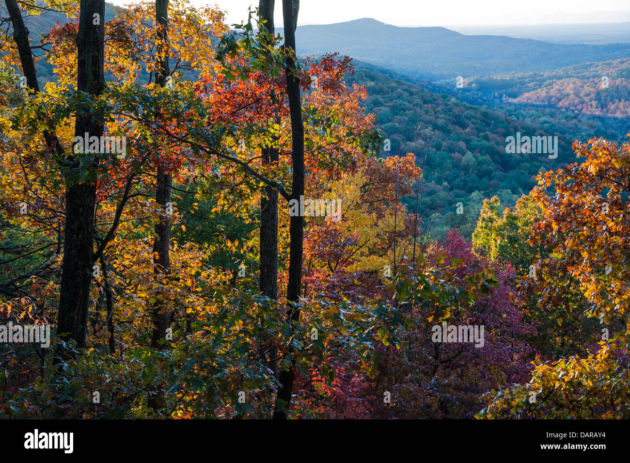 Blue Ridge Appalachian Mountains of Georgia with beautiful Fall colors are on full display at sunrise. (USA) Stock Photo