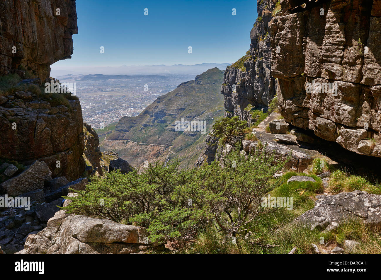 hiking trail in Table Mountain National Park, breach to summit of Table Mountain, Cape Town, Western Cape, South Africa Stock Photo