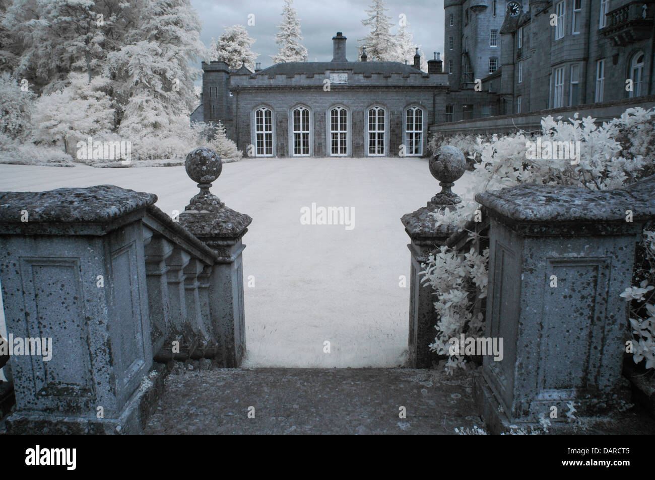 Horizontal Infrared image of the steps leading down towards the Ballroom in Balmoral Castle, Scotland, United Kingdom Stock Photo