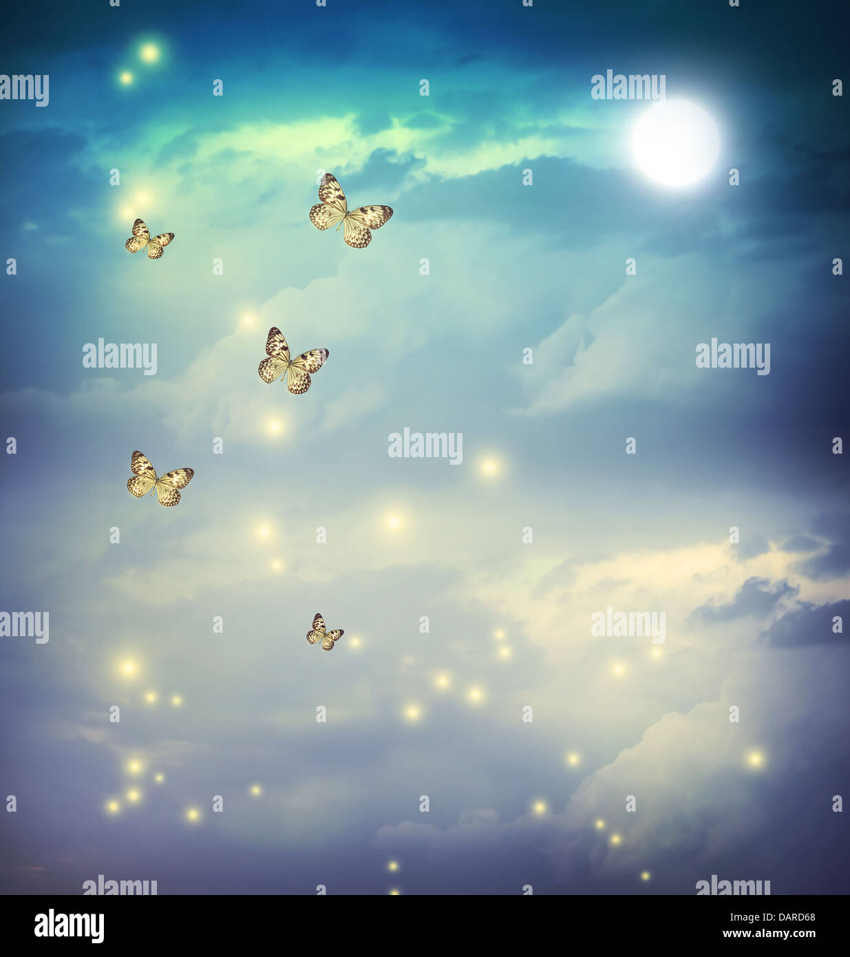 Butterflies in a fantasy night landscape with stars and moon Stock ...