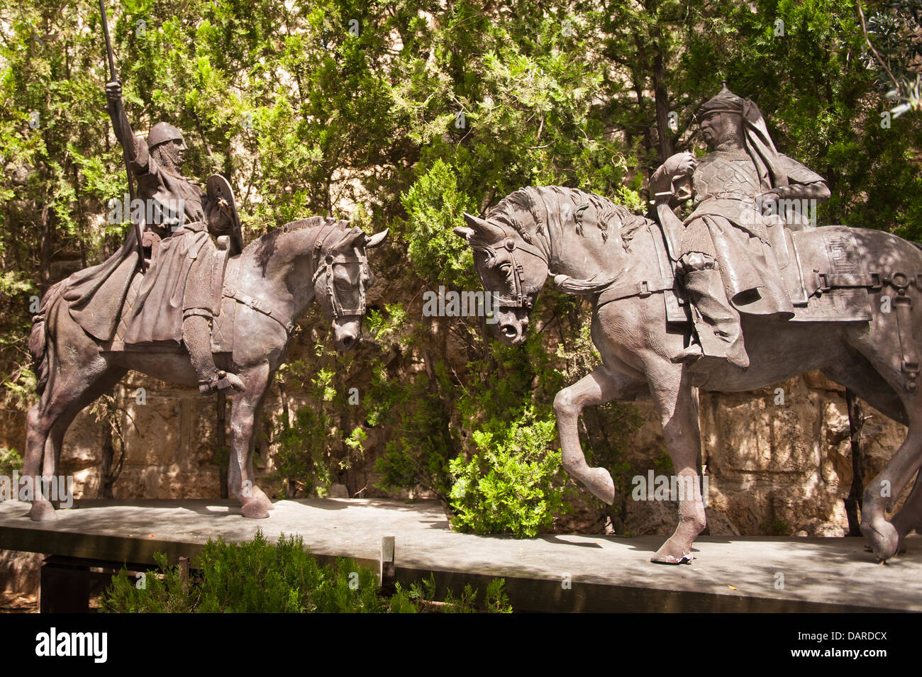 Israel , Jerusalem Old City , statue statues sculptures Richard Lionheart & Sultan Saladin on horseback by Abdallah al Sayed Stock Photo