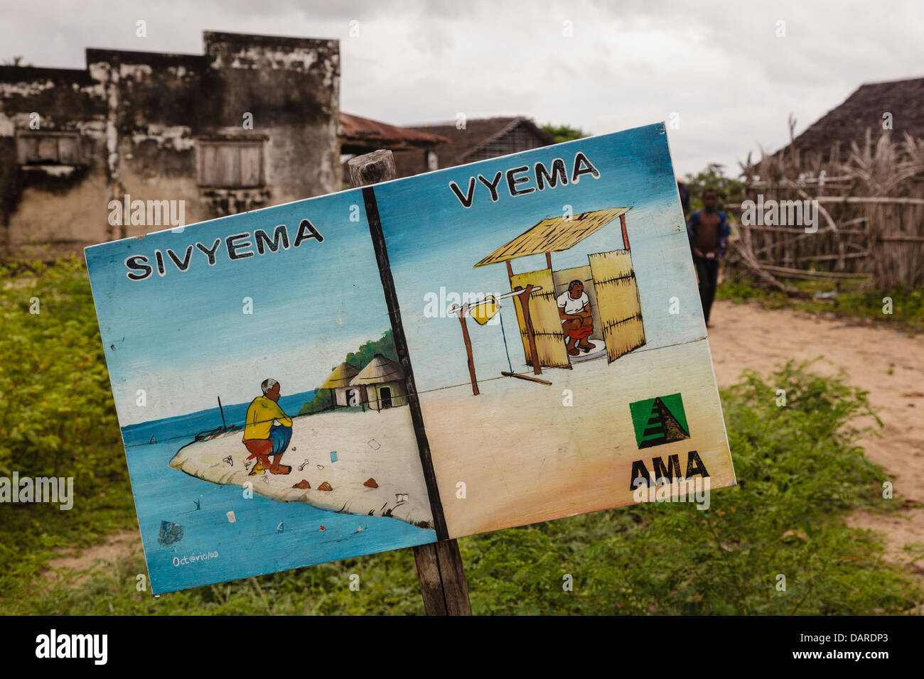 Africa, Mozambique, Quirimba Island. Swahili public health sign encouraging people to use outhouses. Stock Photo