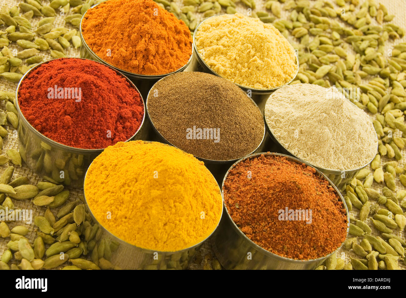 Spice powders and seeds Stock Photo