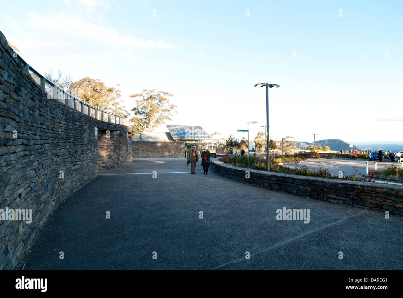 The curved stone wall of the public toilet facilities at Echo Point, Katoomba, New South Wales, Australia Stock Photo