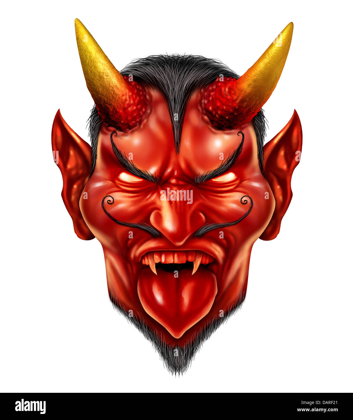 Devil demon halloween monster character with a devilish evil grin as a spooky hot and spicy concept with a red skin horned beast creature and dangerous fangs on a white background. Stock Photo