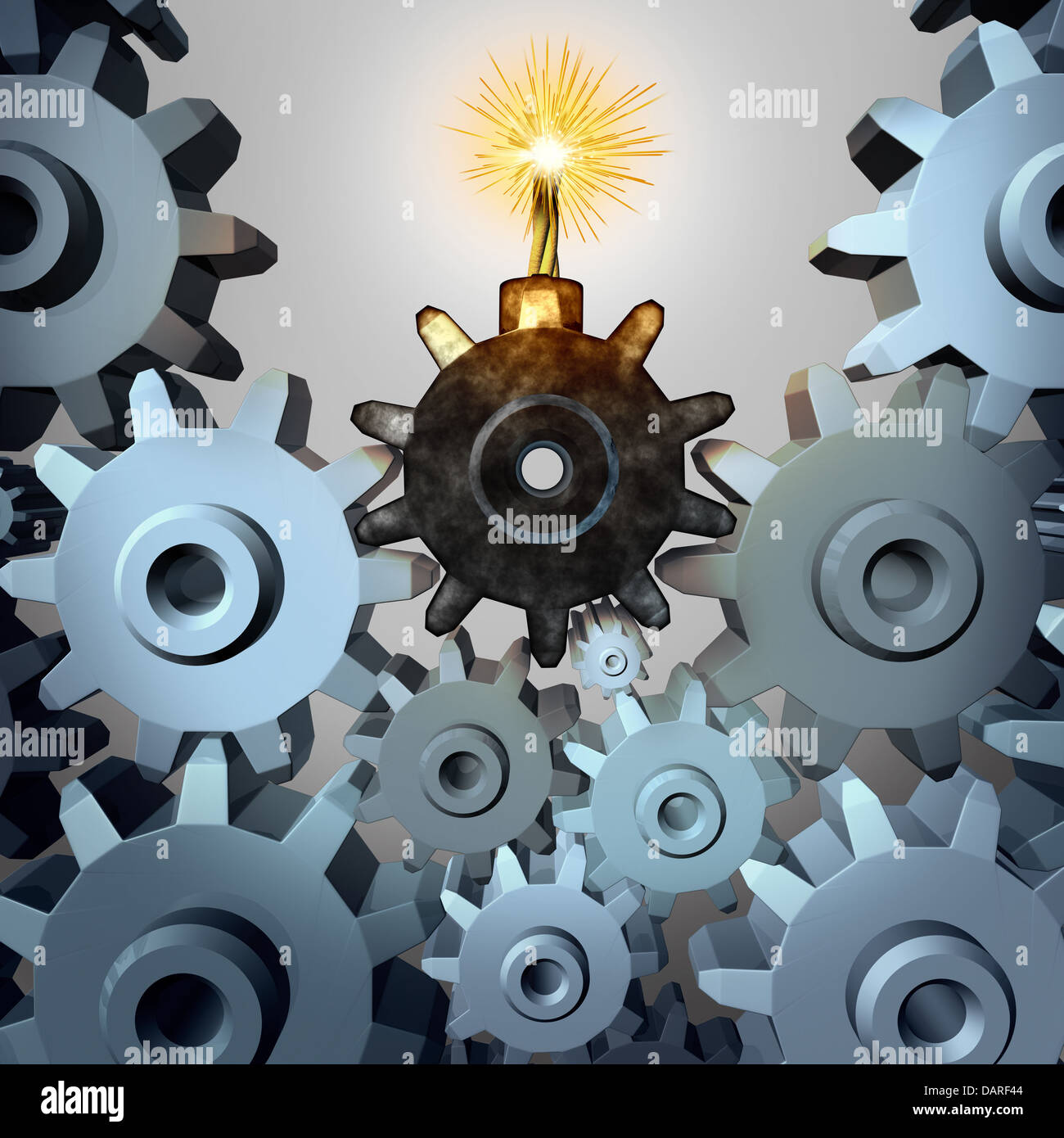 Industry time bomb and financial bubble business concept and metaphor with a group of cogs and gear wheels with one cog in the shape of an exploding device as a symbol of investing danger and inherent risk. Stock Photo