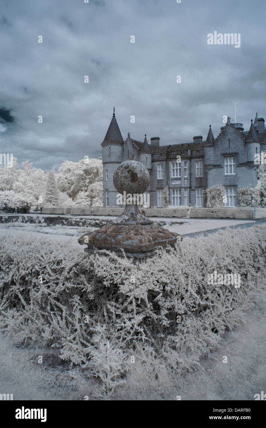 Vertical Infrared image taken from corner of garden in front of Balmoral Castle, the Scottish summer residence of HRH The Queen Stock Photo