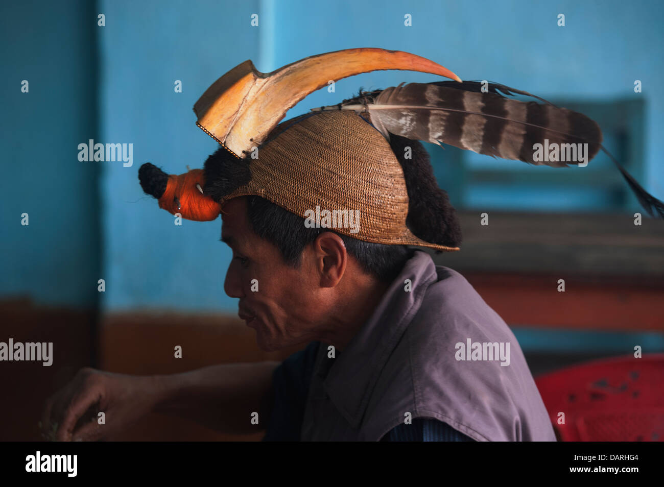 Nishi tribal head ,gear,displaying,signs ,of,  virility. Stock Photo