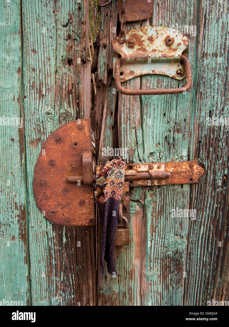 Africa, Eritrea, Massawa, Old Town, rusting bolt on old green painted house door Stock Photo