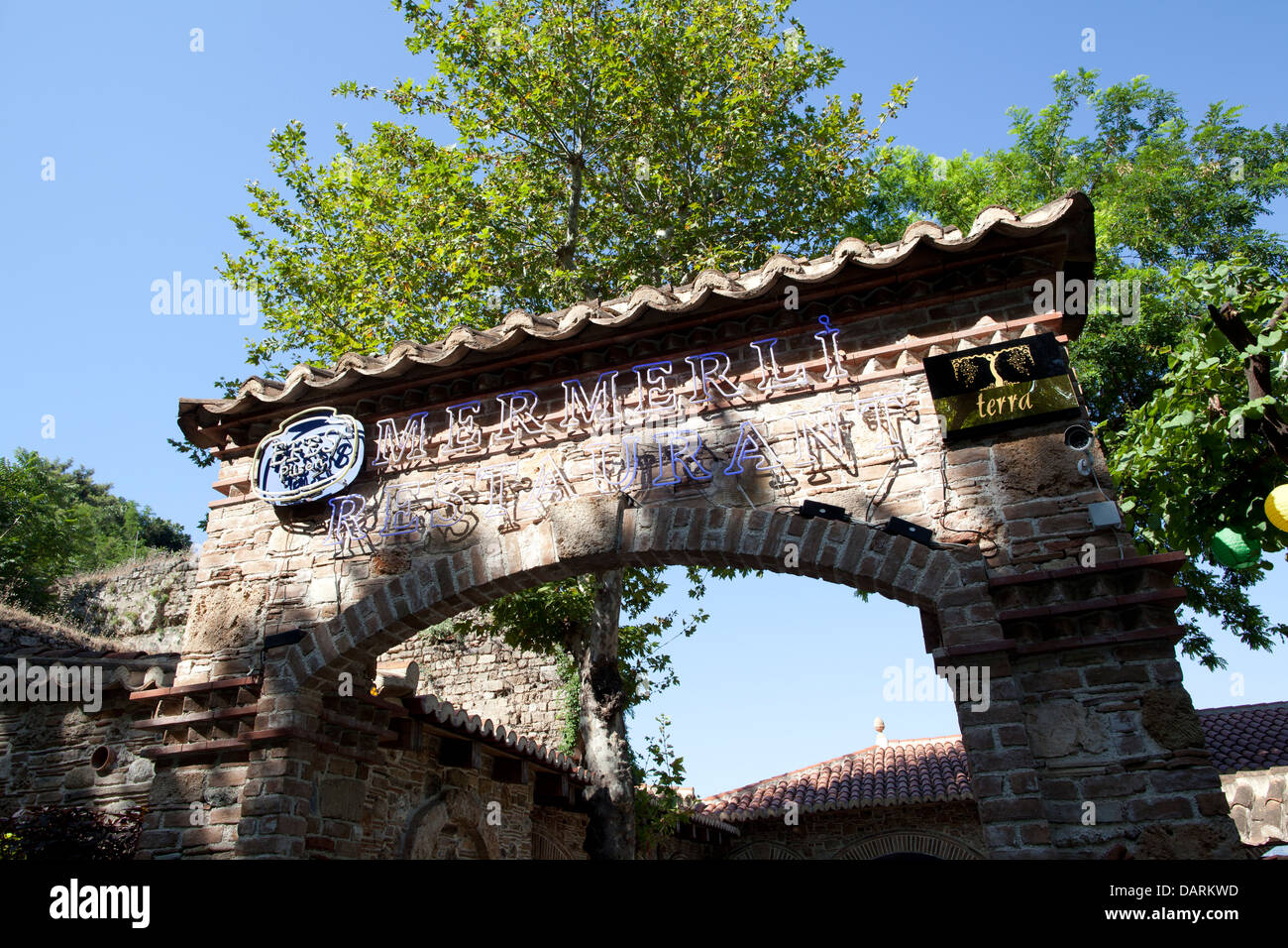 Mermerli Restaurant and beach entrance, Antalya, Turkey Stock Photo