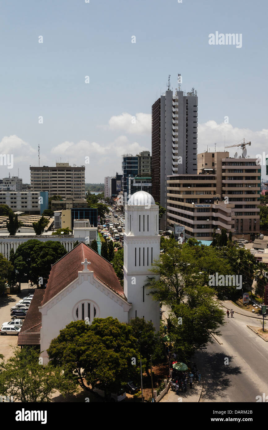 Africa, Tanzania, Dar Es Salaam. View of downtown with Saint Alban's Anglican Church in foreground. Stock Photo