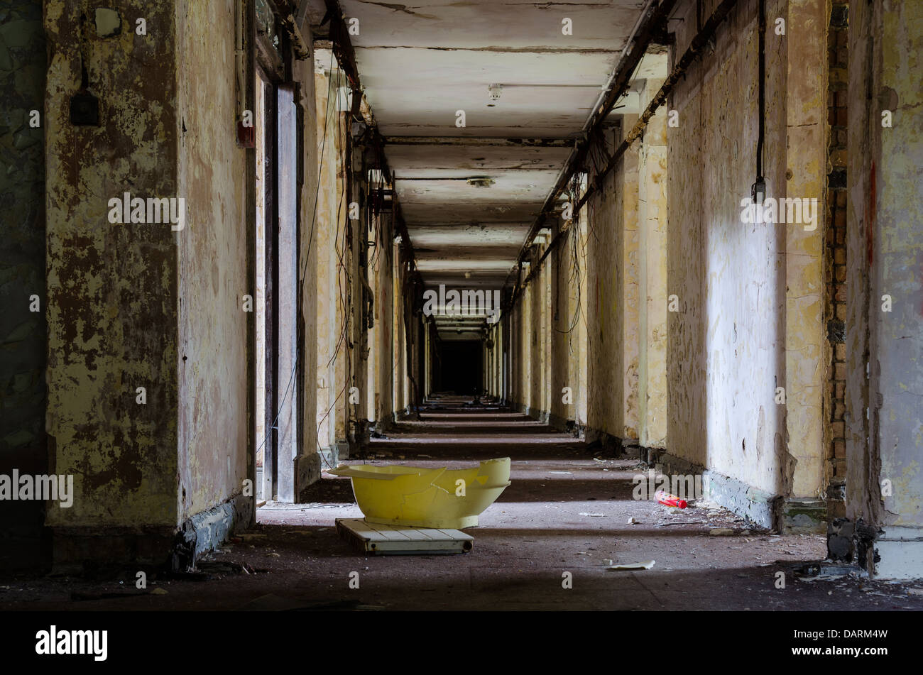 The corridor of an abandoned mental hospital's nurses block Stock Photo