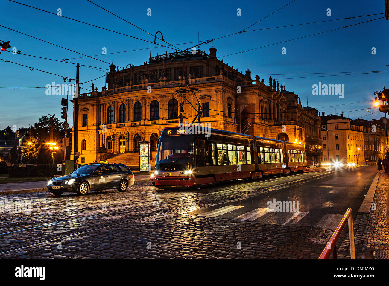 Old Town Square, evening, Blue sky, hour, tourists, Rudolfinum, Czech Philharmonic, tram Skoda ForCity, 17, Public Transport Stock Photo