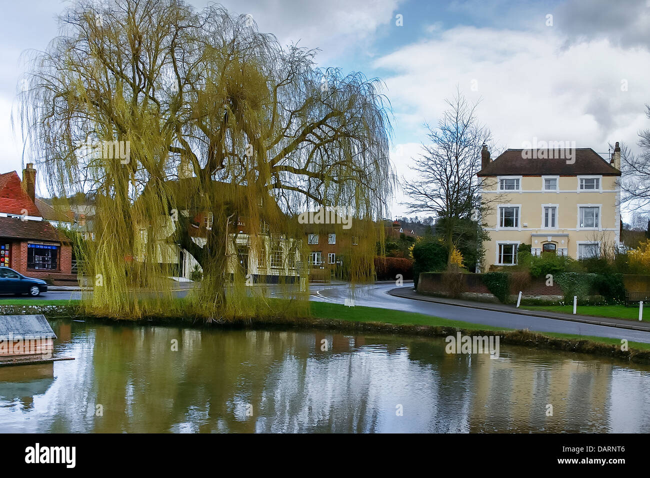 A view of the village pond and the weeping willow tree at Shoreham in Kent Stock Photo