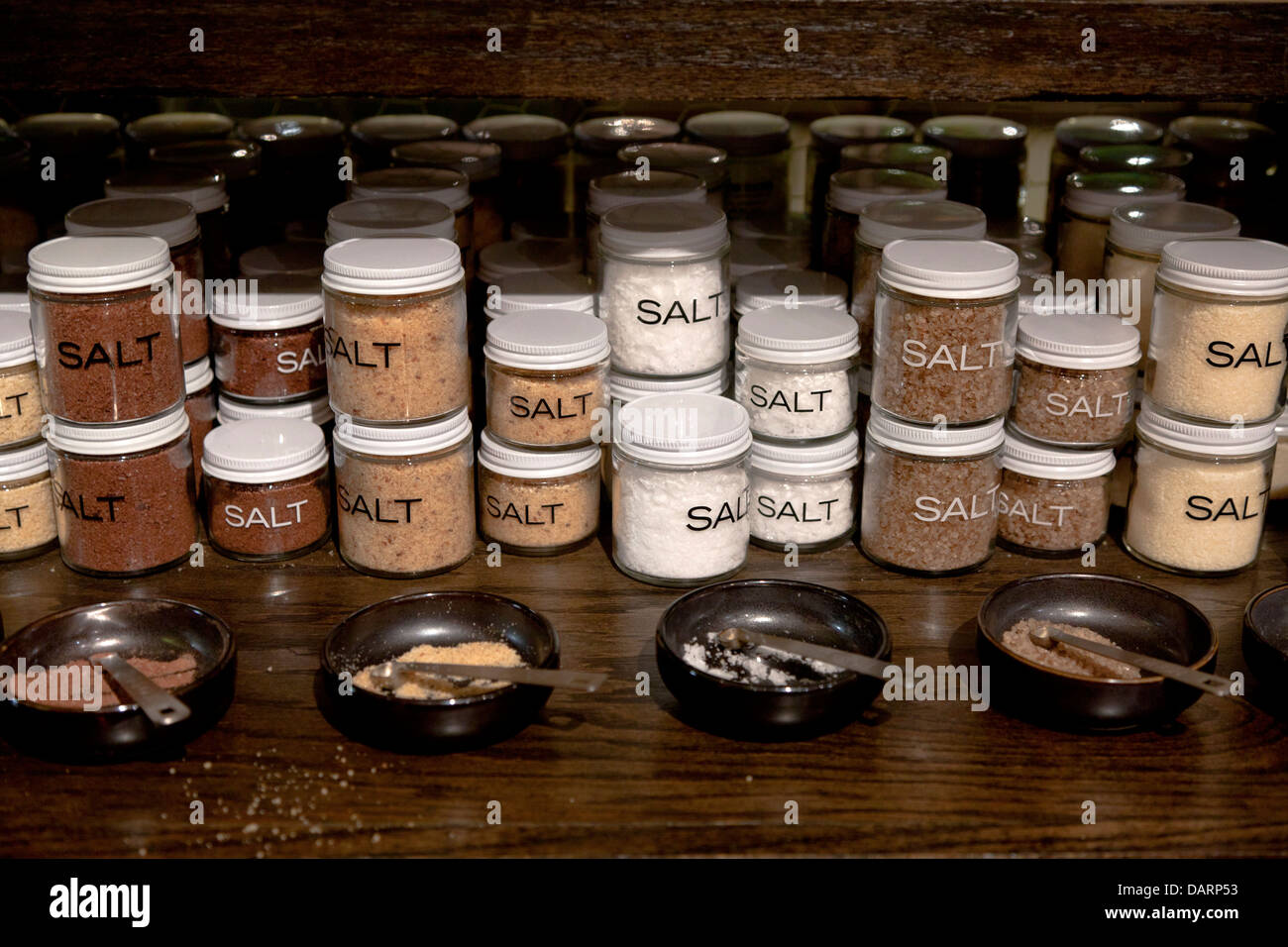 Different types of salt for sale at the Chelsea Market, New York City Stock Photo