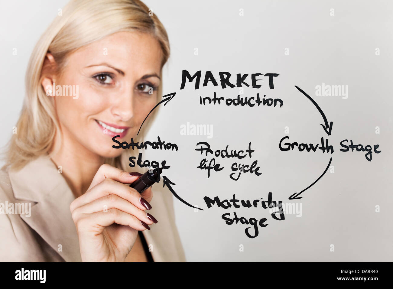 Businesswoman drawing product lifecycle diagram Stock Photo