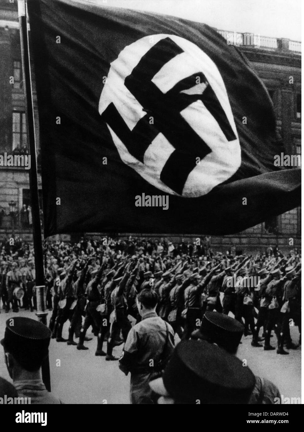 National Socialism, organisations, Sturmabteilung (SA), parade in front of Adolf Hitler and the "Blood Flag", Brunswick, 14.9.1932, Additional-Rights-Clearences-Not Available Stock Photo