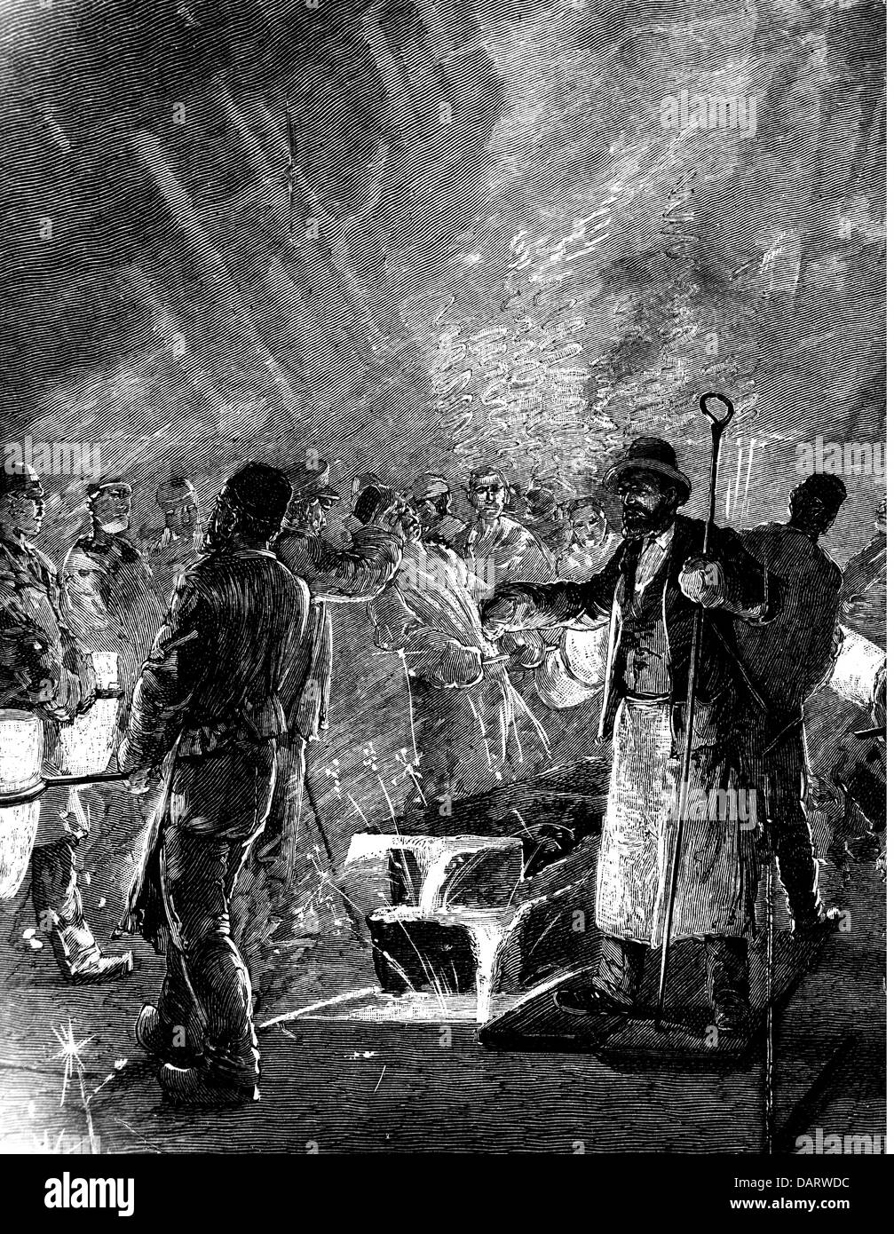 industry, metal, pouring of crucible steel into moulds, wood engraving, 1898, Additional-Rights-Clearences-Not Available Stock Photo
