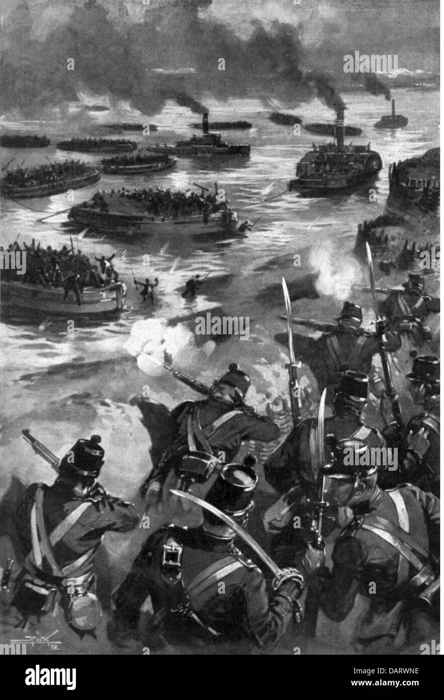 Fenian Raids 1866 - 1871, crossing of the Niagara, 1866, print after drawing, 1910, Upper Canada, Ontario, Canadian militia, soldiers, soldier, Great Britain, British Empire, Ireland, Irish struggle for freedom, Fenian Brotherhood, skirmish, skirmish, disembarkment, 19th century, historic, historical, 1910s, 20th century, people, Additional-Rights-Clearences-Not Available Stock Photo