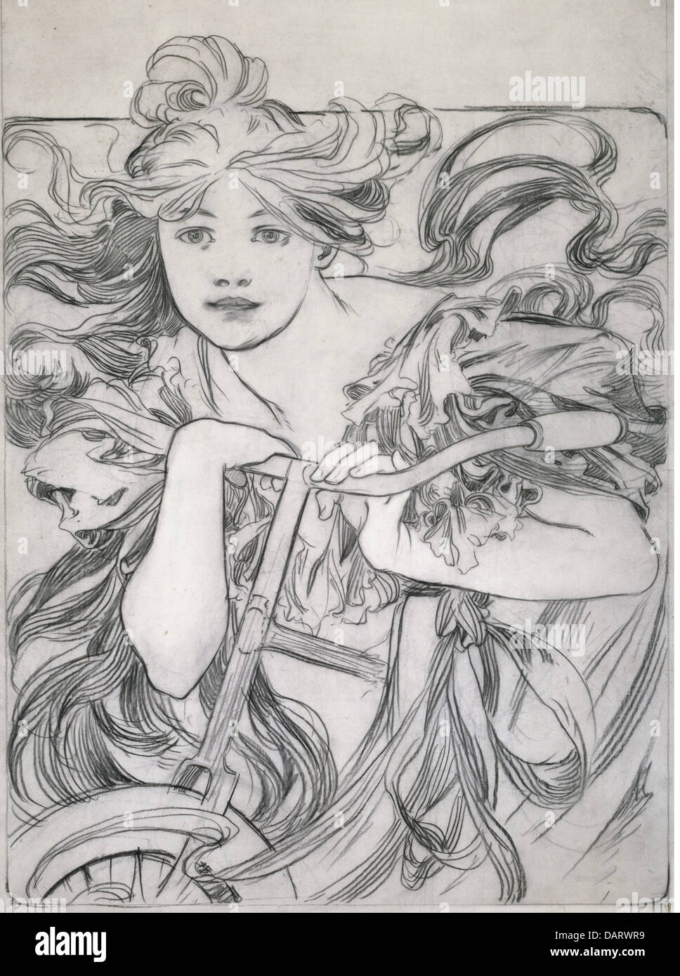 fine arts, Mucha, Alfons (1860 - 1939), graphic, "Cyclist", sketch, drawing, 1902, private collection, bicycle, people, Stock Photo