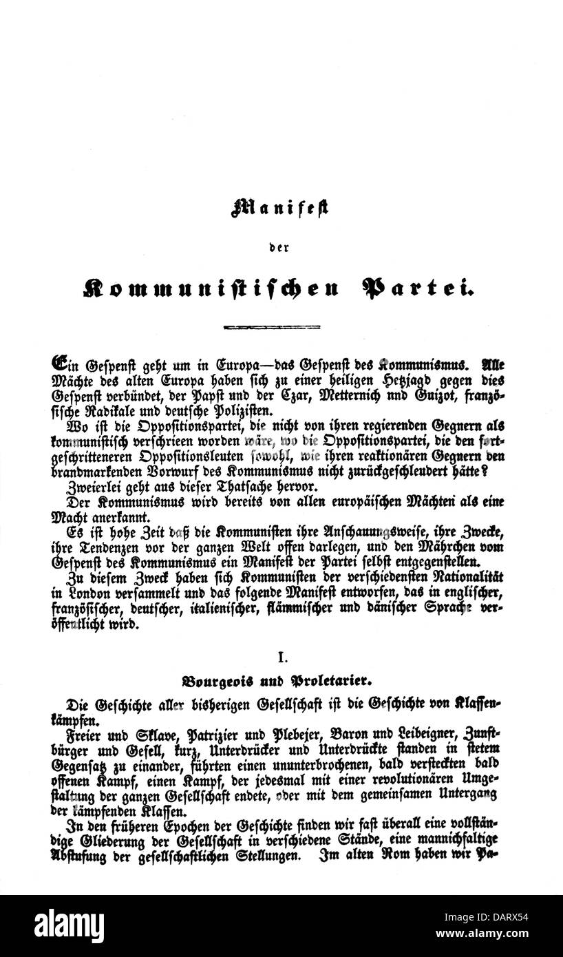 politics, 'Das Manifest der Kommunistischen Partei' (The communist Manifesto), 1847 - 1848, by Karl Marx (1818 - 1883), Friedrich Engels (1820 - 1895), first page, 'A Spectre Is Haunting Europe', first edition, London, February 1848, Additional-Rights-Clearences-Not Available Stock Photo