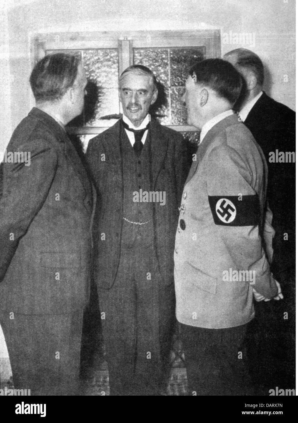 Chamberlain, Arthur Neville, 18.3.1869 - 9.11.1940, British politician,  (, Conservative), Prime Minister 20.5.1937 - 10.5.1940, visit to Germany, with Chancellor of the Reich Adolf Hitler and ambassador Joachim von Ribbentrop, Berghof, Obersalzberg, 15.9.1938, Stock Photo