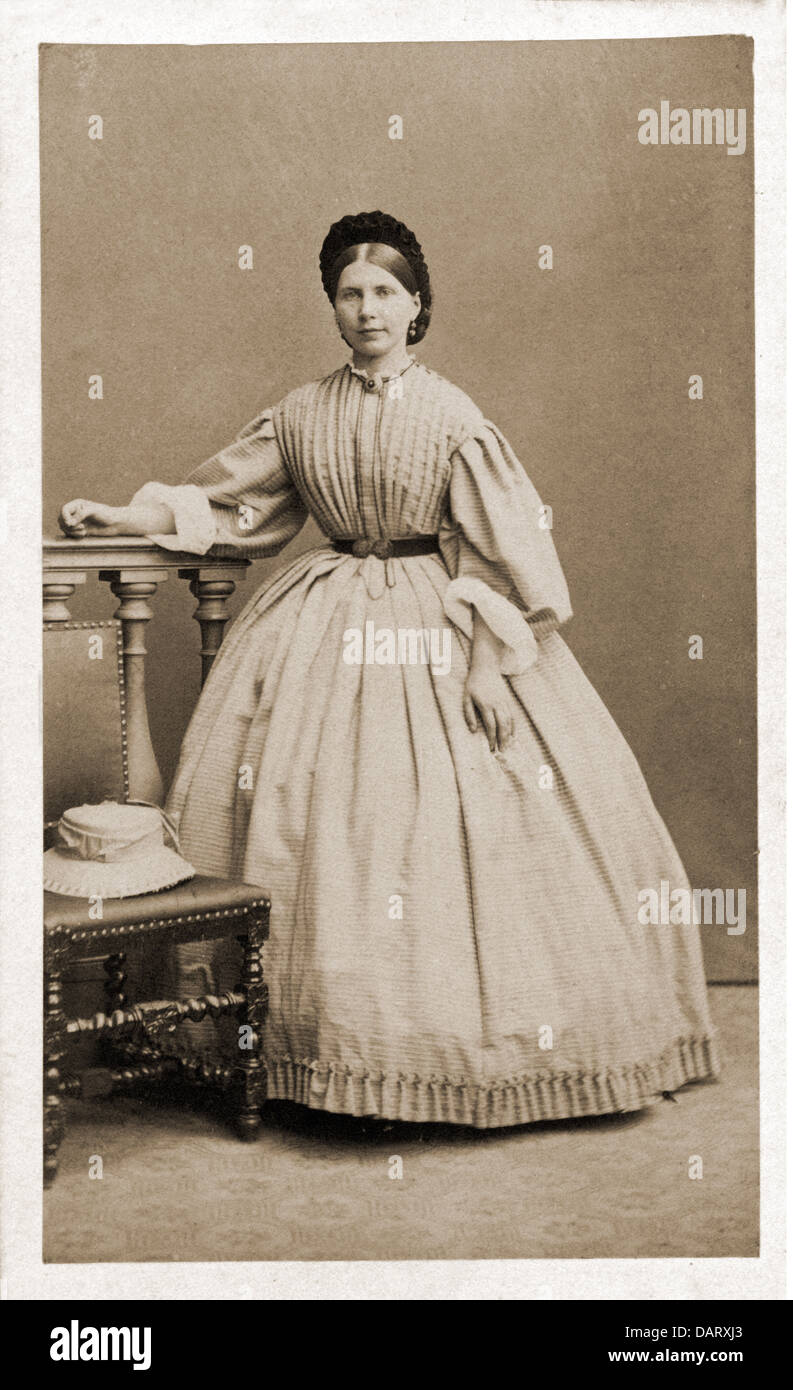 people, women, woman at handrail, carte-de-visite by Philipp Hoff, Frankfurt on the Main, Germany, circa late 19th century, Additional-Rights-Clearences-Not Available Stock Photo