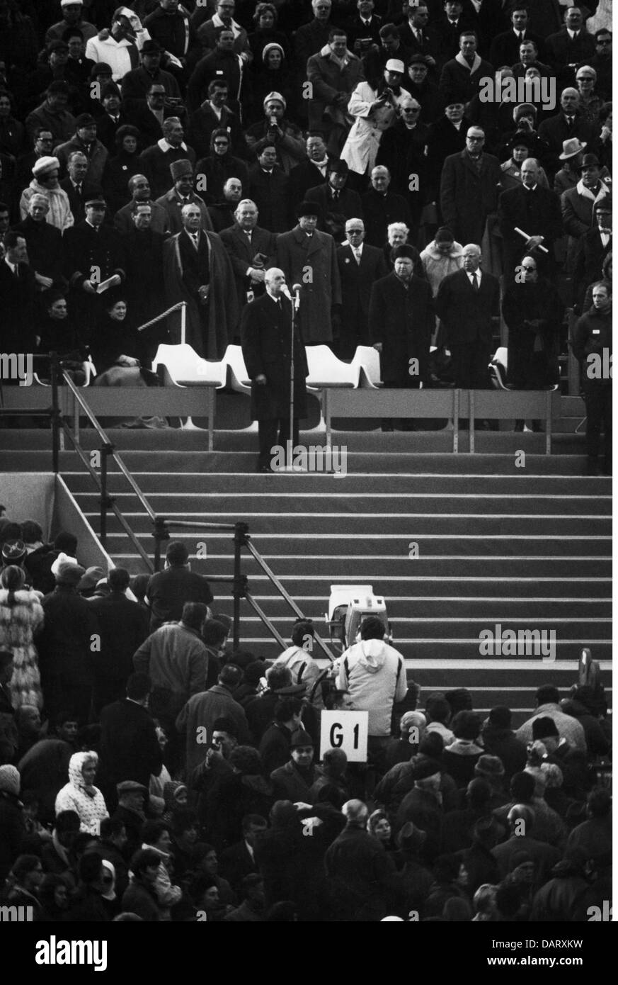 sport, Olympic Games, Grenoble, 6.2.1968 - 18.23.1968, opening, speech of President Charles de Gaulle, 6.2.1968, guests of honour, press, television, TV camera, X olympiad, winter games, France, 20th century, historic, historical, people, 1960s, Additional-Rights-Clearences-Not Available Stock Photo