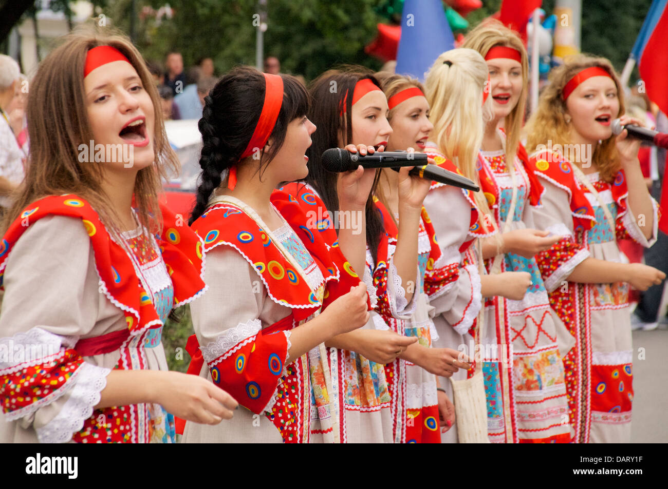 girls in russian national dress sang on street on City Day of Kaliningrad  celebration on July 14, 2013 in Kaliningrad, Russia Stock Photo - Alamy