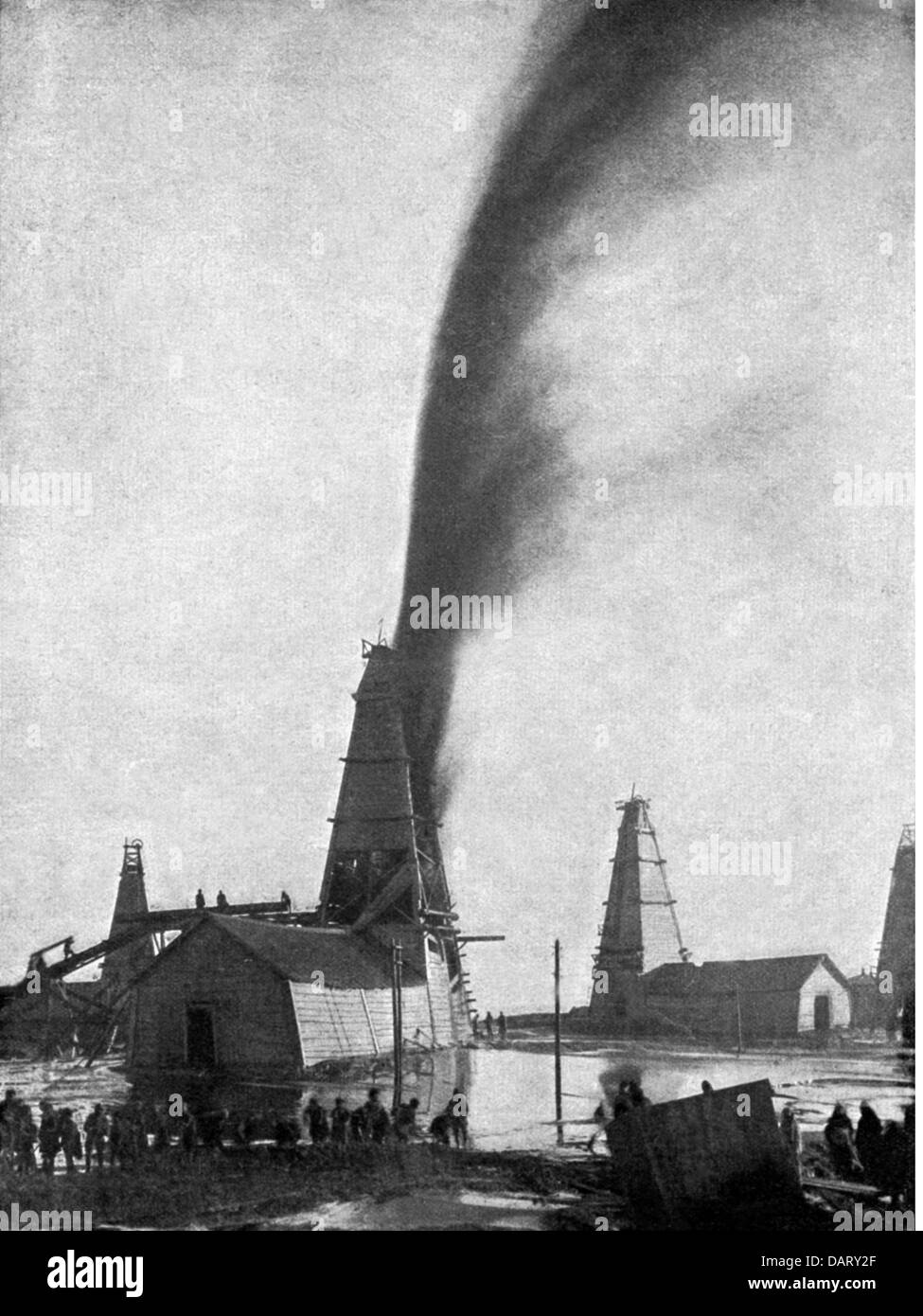 energy, petroleum, fountain shooting out of drilling derrick, Baku, circa 1900, Additional-Rights-Clearences-Not Available Stock Photo